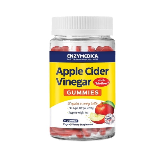 Enzymedica, Apple Cider Vinegar Gummies, Made with The Mother, 12 Organic, USA-Grown Apples per Bottle,1000 mcg Vitamin B12 per Serving, Natural Apple, 74 Count