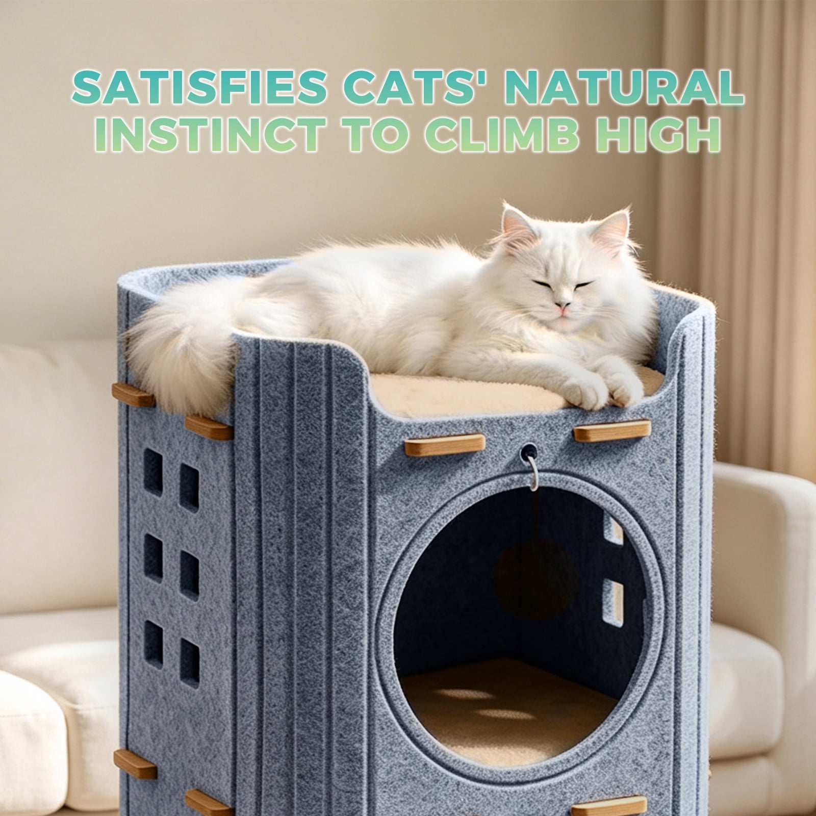 Felt Cat House for Cats, Kittens, Covered Tunnel & Condo with Dual Door Holes, Hanging Fur Ball, Warm & Scratch-Resistant, Cozy Cave for Indoor Outdoor Use, 35*35*60cm