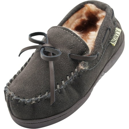 

NORTY Child Boys Girls Unisex Suede Leather Moccasin Slippers Grey