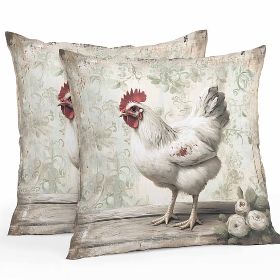 Rustic Farmhouse Outdoor Pillow Covers Pack of 2 Brocade Pattern White Chicken Waterproof Throw Pillow Covers Decorative Cushion Cases for Patio Garden Tent Balcony Couch 16x16 inch