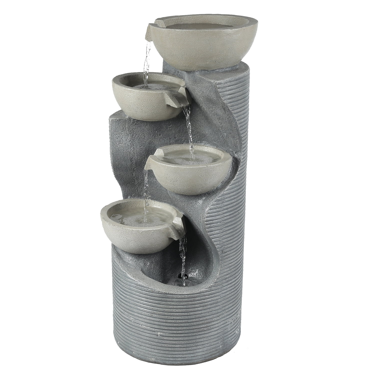 LuxenHome Modern Gray Resin Tiered Bowls Outdoor Fountain with Lights