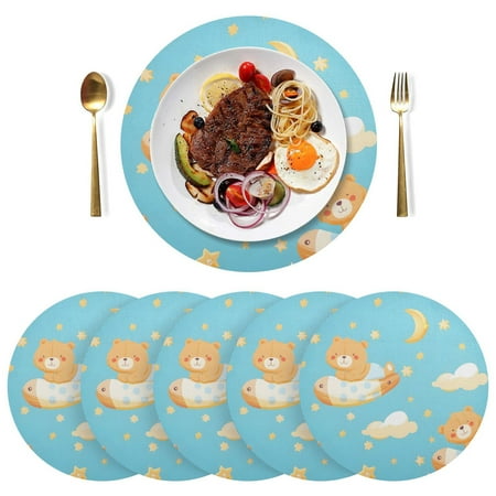 

Cartoon Bears Ballon Stars Clouds Moon PVC Round Grid Placemat Table Mat Set 6 Pcs for Kitchen Dining Room 15.4 x 15.4