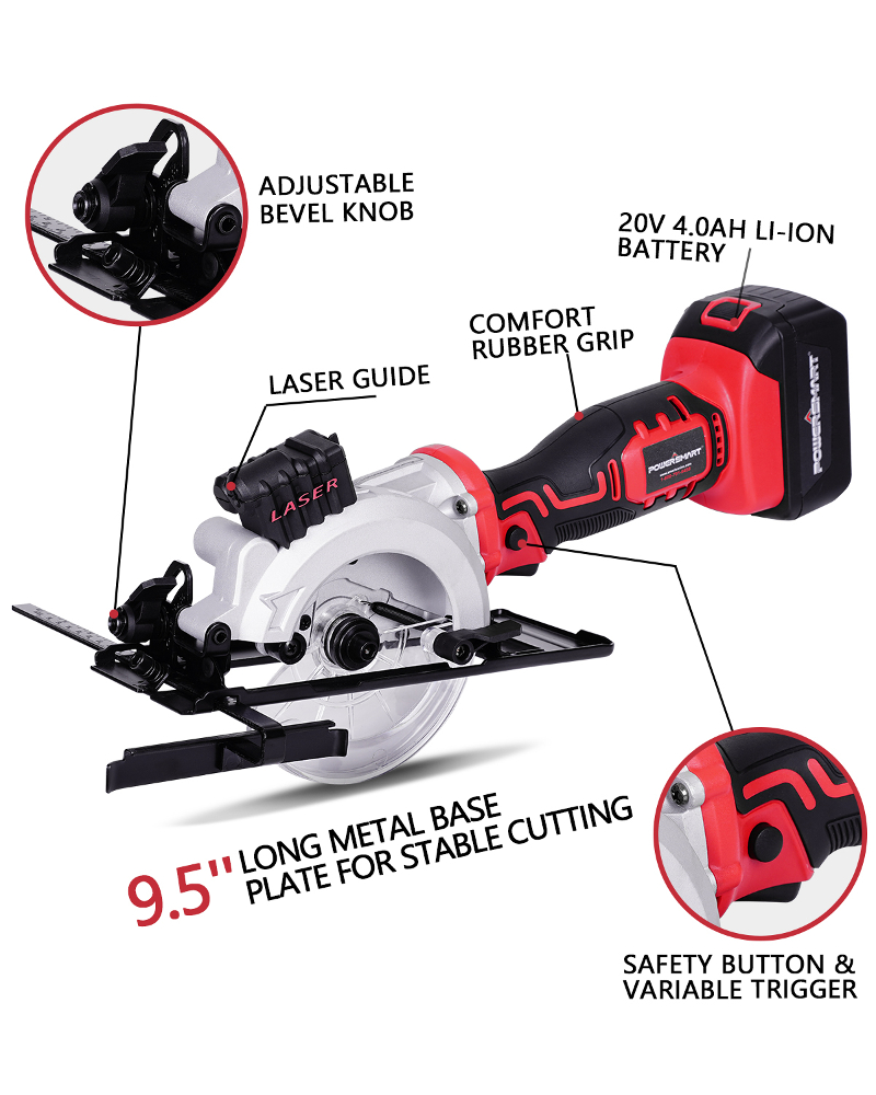 PowerSmart PS76138A 20V Cordless 1/2 in. Mini Circular Saw with 4.0 Ah  battery and Charger