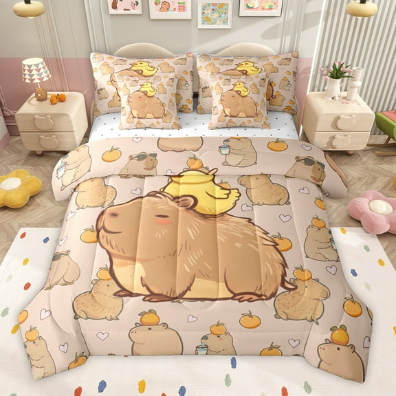Homewish Kawaii Brown Capybara 7-Piece Twin Bedding Sets,Cute Yellow Duck Bedding Comforter Set,Cartoon Animal Sheet Sets For Girl Boys,Luxury Bedroom Decor Reversible