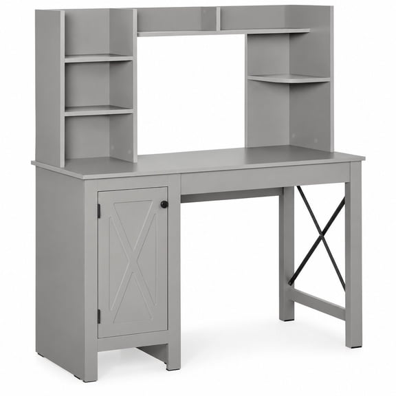 47 Inch Computer Desk with Hutch and Cabinet, Farmhouse Style in Light Gray - Home Office Desk with Storage Shelves for Study and Work
