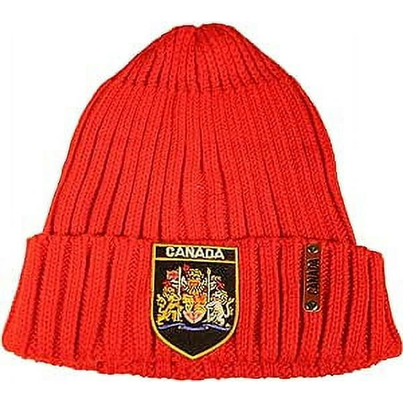 CANADA RED ADULT RIBBED TOQUE HAT CAP WITH BLACK SHIELD COAT OF ARMS CANADIAN