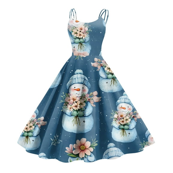 Women's Christmas Print Casual Fashion Round Neck Mid-Length Dress with Vintage Style for Holiday Parties and Casual Outings,Dark Blue,M