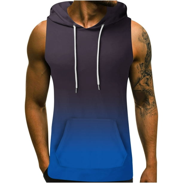 lcziwo Gym Tank Tops for Men Hoodie Men s Workout Hooded Tank Tops Sleeveless Gradient Color Hoodies Summer Drawstring Bodybuilding Muscle Shirts Blue S Walmart