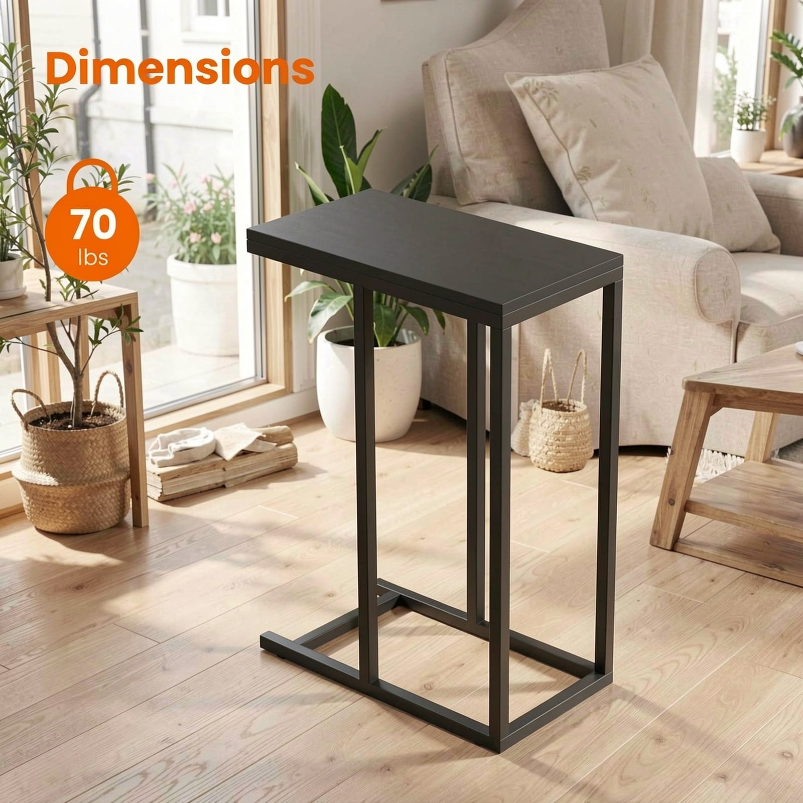 Furnibear C-Shaped End Table, Narrow Side Table for Sofa and Couch with Heavy-Duty Metal Frame, Space-Saving Snack Table for Living Room, Rustic Brown