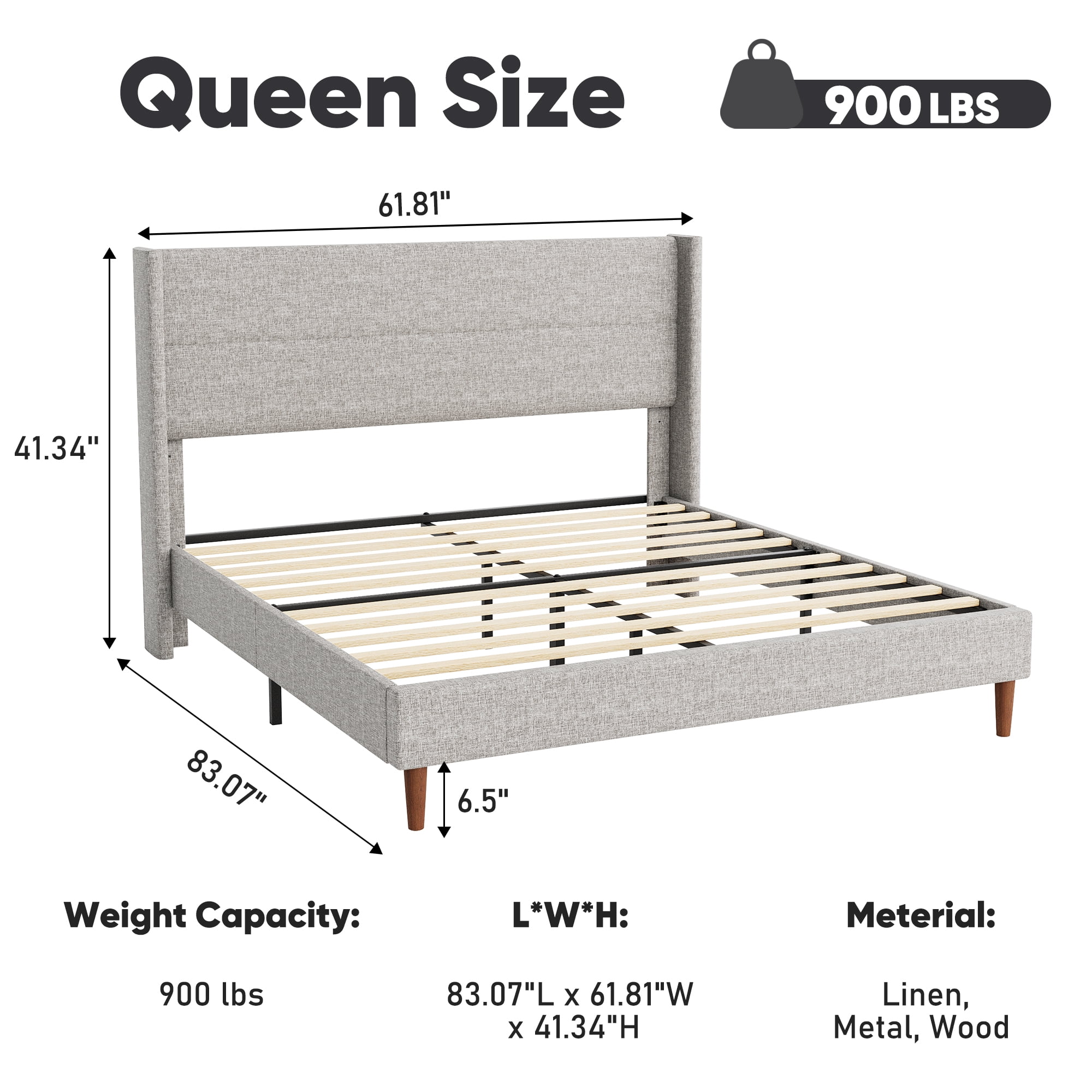 Frostbloom Queen Size Platform Bed Frame, Linen Upholstered Wingback Headboard, Beige