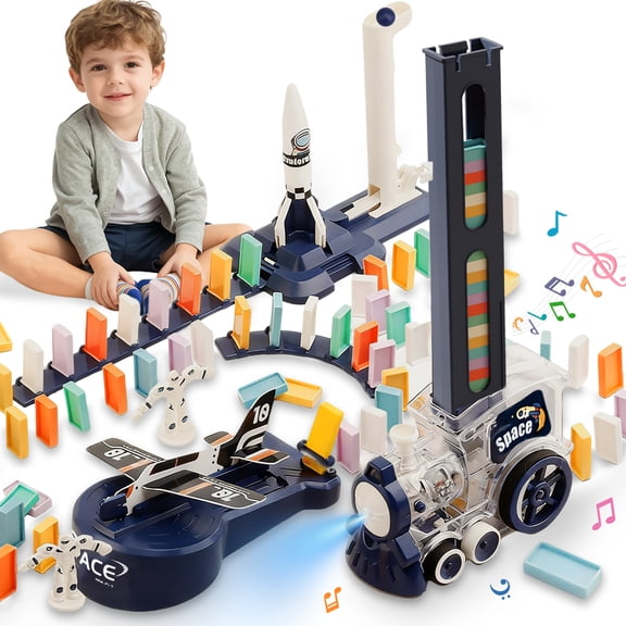 Sunforu 200PCS Domino Train Toy Set for Kid Age 3-8, Automatic Dominoes Building Stacking Toy with Rocket Launcher & Airplane, Montessori Educational Birthday Gift for Boy Girl