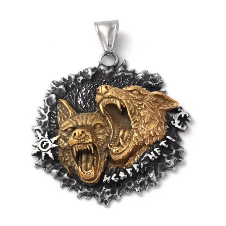 3pcs Ion Plating(IP) 304 Stainless Steel Pendants Double Wolf Head Charm Silver & Golden 45x45x5mm Hole: 9x4mm