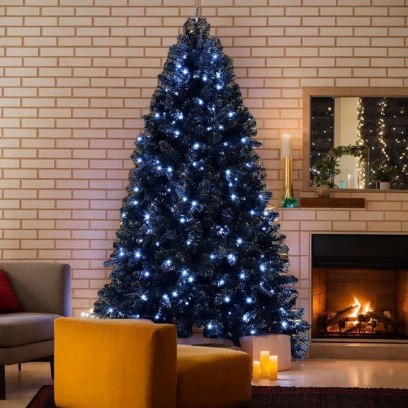 Spaco Artificial 7.5FT LED-lit Christmas Tree with 2156PE/PVC Mixed Branch Tips, Christmas Tree with Hinged Premium & Foldable Base for Indoor Holiday Decoration, Black