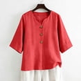 thumbnail image 5 of OIOLOYJM 3/4 Length Sleeve Womens Tops V Neck Cotton Linen 3 Button T Shirts Spring Summer Beach Casual Boho Vacation Tops Red L, 5 of 6