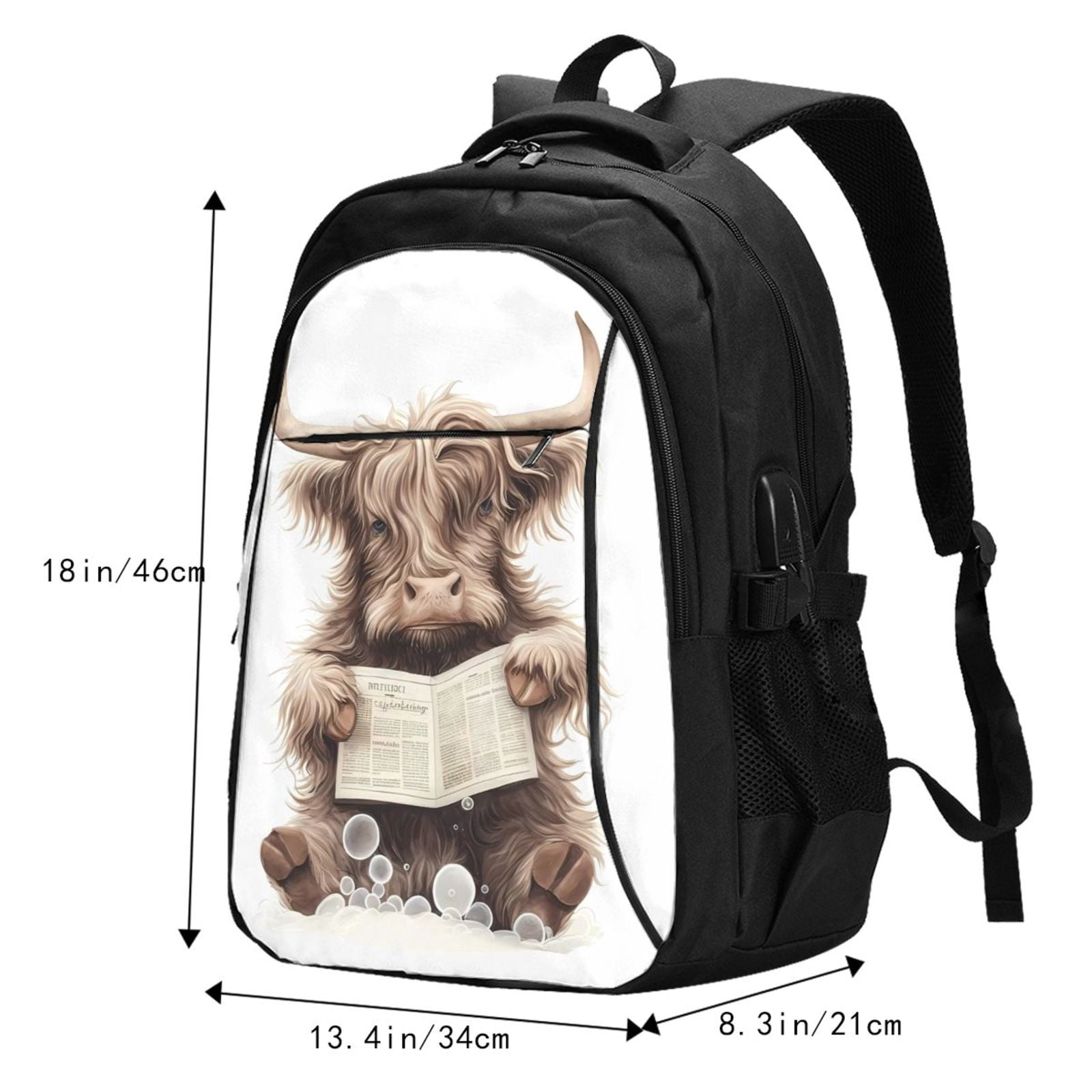 Ratiio Relaxed Cute Cow Reading Print Travel Laptop Backpack,Slim Sturdy Laptops Backpack with USB Charging Port, Water Resistant College School Computer Bag