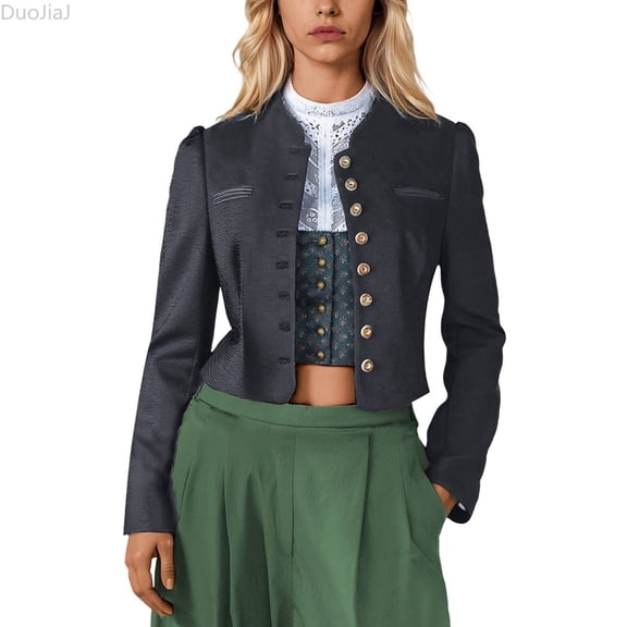 DuoJiaJ Womens Oktoberfest Jacket, Button Front Corset Short Coat with Detail Black L