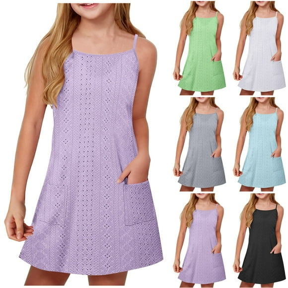 lcziwo Clearance Sale! Girls Summer Sleeveless Dress Spaghetti Strap Midi Sundress Eyelet Embroidery Hollow Out Swing Dresses with Pockets Green 9 Years