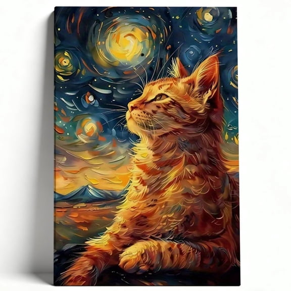 Starry Night Orange Cat Framed Canvas Wall Art - Van Gogh Inspired Cat Art Print, Whimsical Feline Decor, Colorful Starry Sky Cat Painting, Unique Gift For Cat Lovers, Modern Aesthetic Wall Decor For