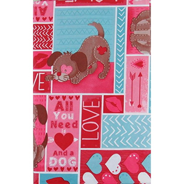 Valentines Day Puppy Love Vinyl Flannel Back Tablecloth (60