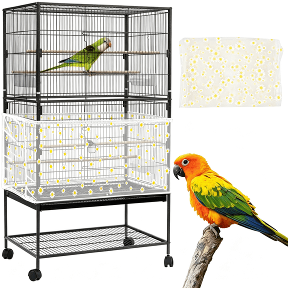 XIBUFE Large Bird Cage Cover,Bird Cage Seed Catcher,Adjustable Soft Nylon Mesh Net with Daisy Pattern,Birdcage Cover Skirt Seed Guard for Parrot Parakeet Macaw Round Square Cages (White)