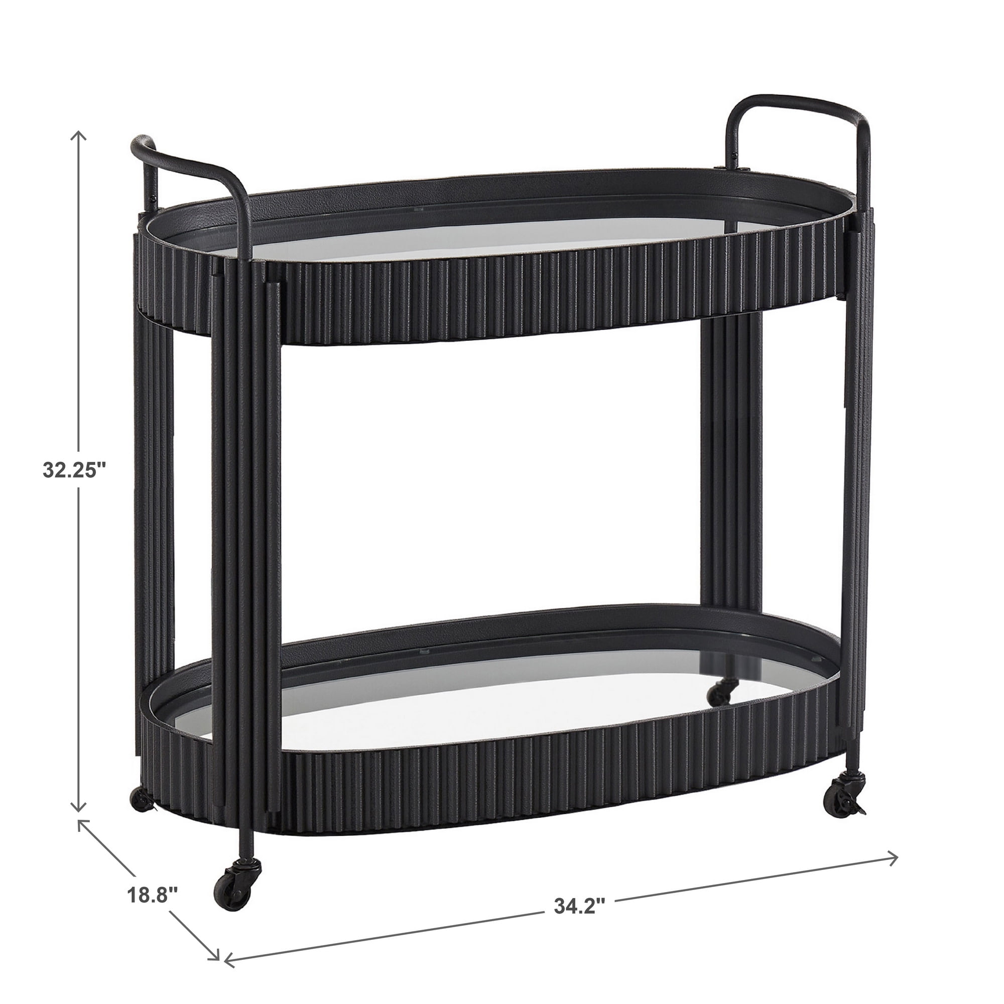Weston Home Choteau Black Finish Metal Oval Bar Cart with Clear Tempered Glass