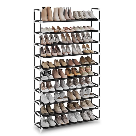 Zapatero de 10 Niveles,hasta 50 Pares, Tela no Tejida, 100 x 29 x 175 cm, Negro