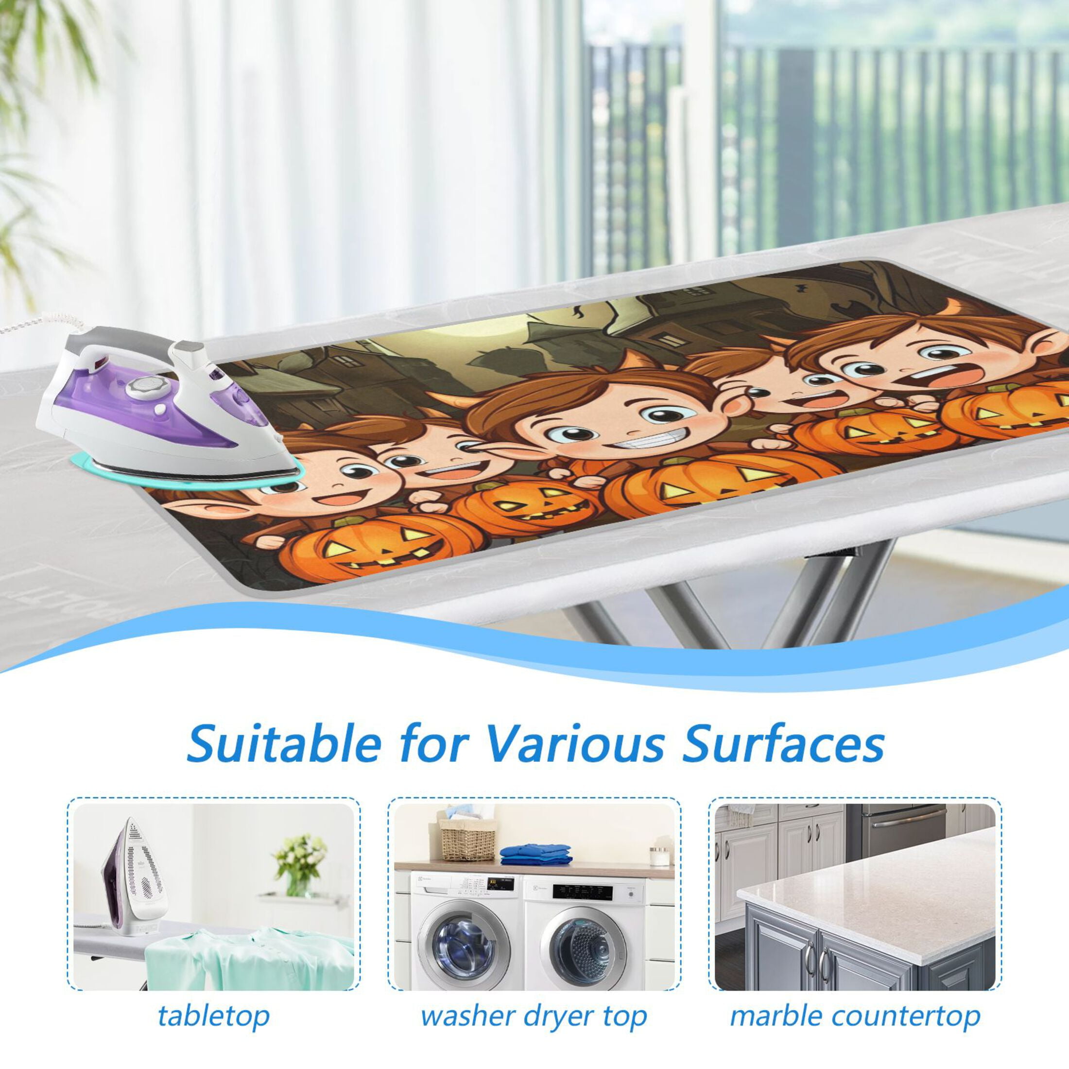 Halloween Kids and Pumpkin Lights Ironing Mat Blanket for Table Top Travel Portable Ironing Board Pad 47.2x27.6 Inch