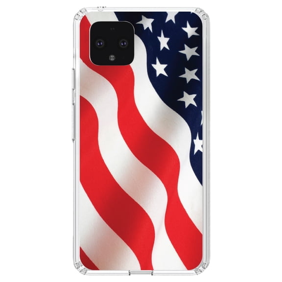 DistinctInk Clear Shockproof Hybrid Case for Google Pixel 4 XL (6.3" Screen) - TPU Bumper, Acrylic Back, Tempered Glass Screen Protector - Red White Blue United States Flag USA - America