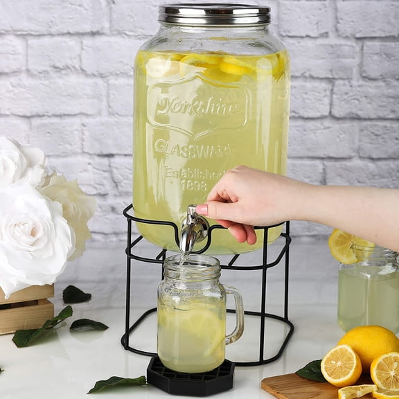 2 Gallon Glass Beverage Dispenser with Stainless Steel Spigot on Metal Stand - Decorative Mason Jar Dispenser For Sun Tea, Iced Tea or Kombucha