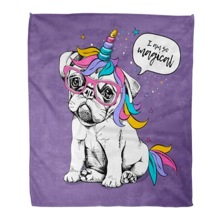 KDAGR Flannel Throw Blanket Puppy Bulldog in Bright Colored Costume of Unicorn Wig Horn and Tail I Am So Magical Lettering 58x80 Inch Lightweight Cozy Plush Fluffy Warm Fuzzy Soft