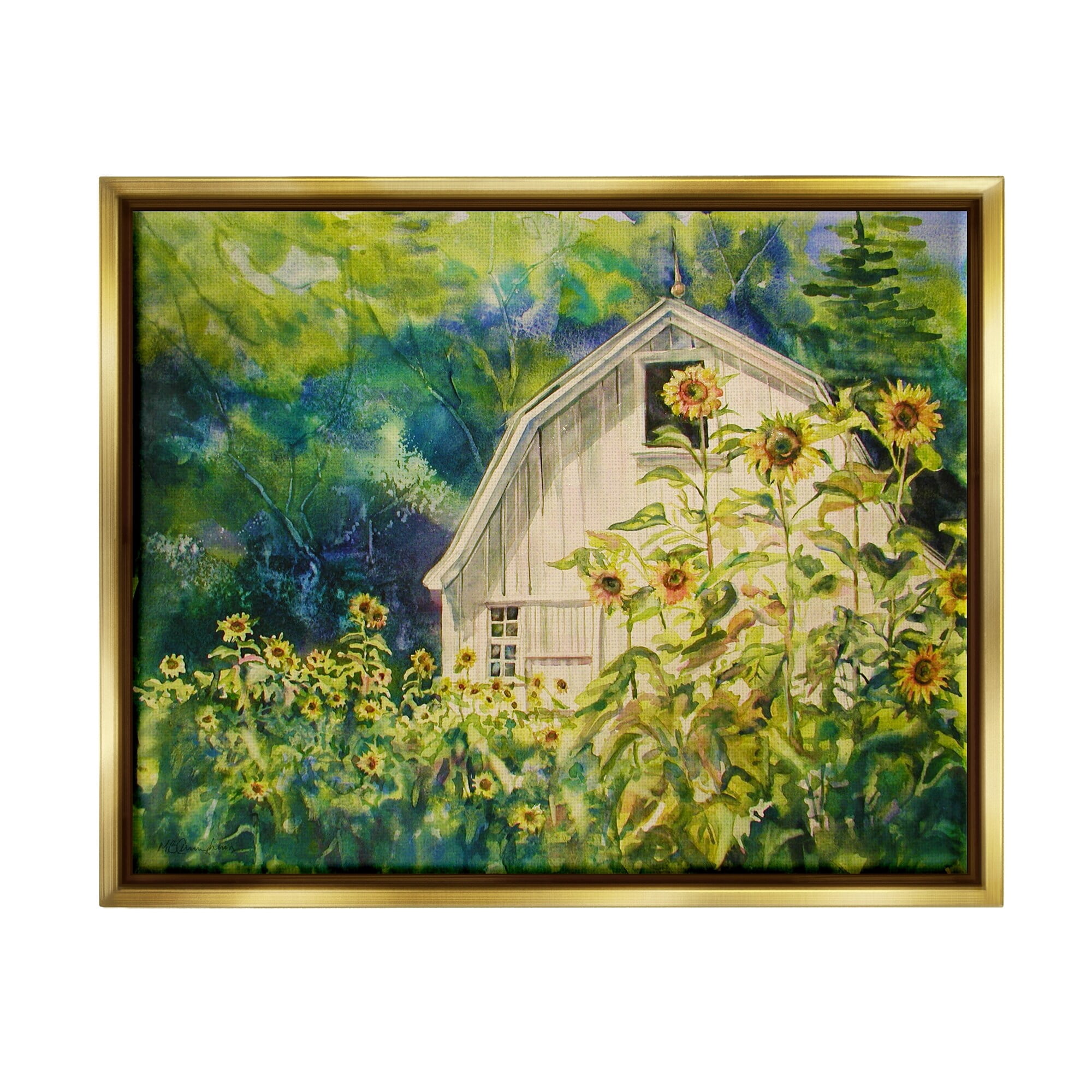 Stupell Industries Peaceful Sunflower Field Countryside Woodlands Barn Metallic Gold Framed Floating Canvas Wall Art, 16x20, by MB Cunningham