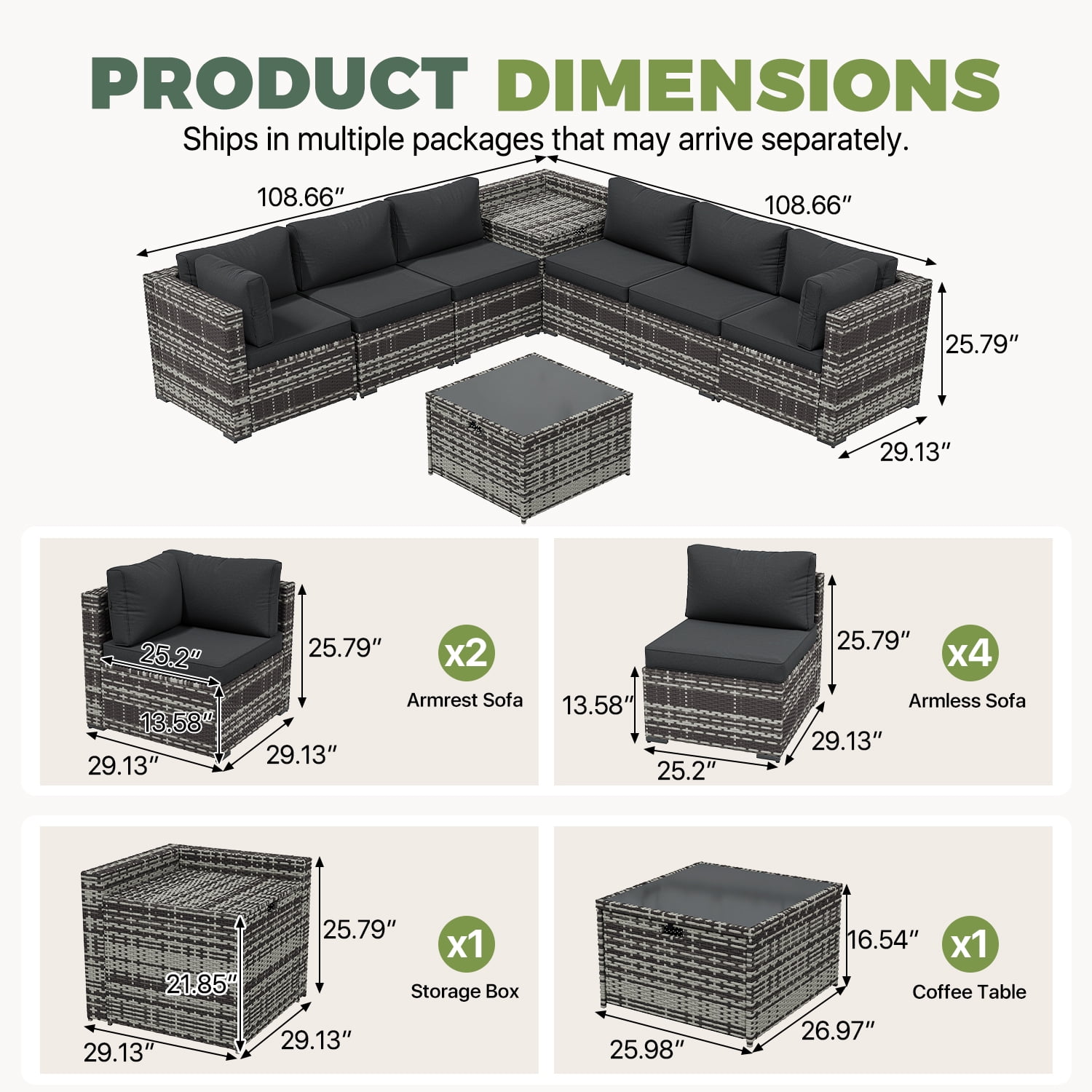 BaPiPro 8-Piece Gray Rattan Patio Sectional Sofa Set with Black Cushions, Dual Storage Design, Modular Outdoor Conversation Furniture for Backyard, Garden, Poolside