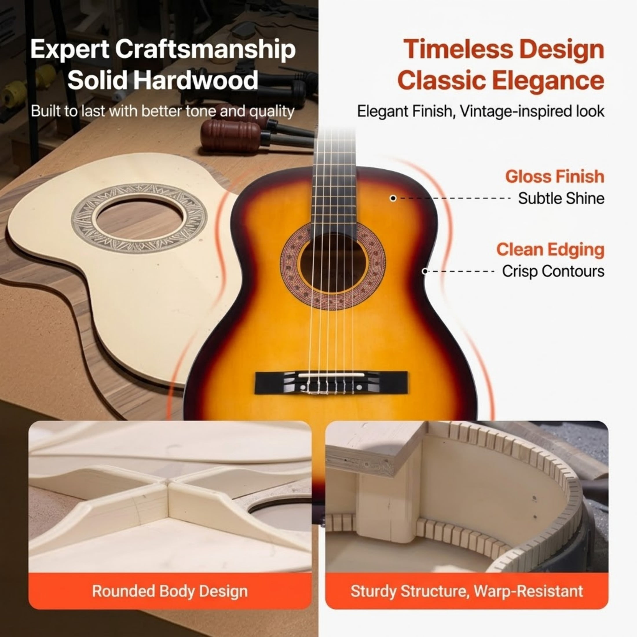 38-Inch Classical Guitar Beginner Starter Kit, Basswood Wood Guitar with Nylon Strings, Gig Bag & Tuner, Sunburst