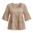 thumbnail image 4 of QQZ Women's Cotton Linen 3/4 Sleeve Blouse Square Neck Eyelet Lace Trim Casual Loose Babydoll Tunic Tops Summer Peasant Shirts, 4 of 6