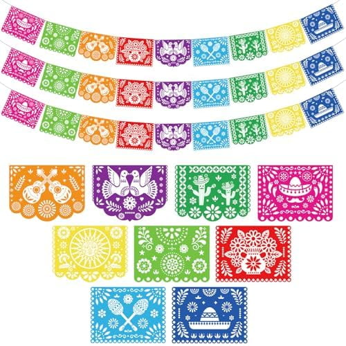 3 Pack Mexican Party Banners, 54 Feet Cinco De Mayo Fiesta Papel Picado Banner for Mexican Theme Birthday Party Favors Dia De Los Muertos Day of the Dead Fiesta Hanging Decor Supplies