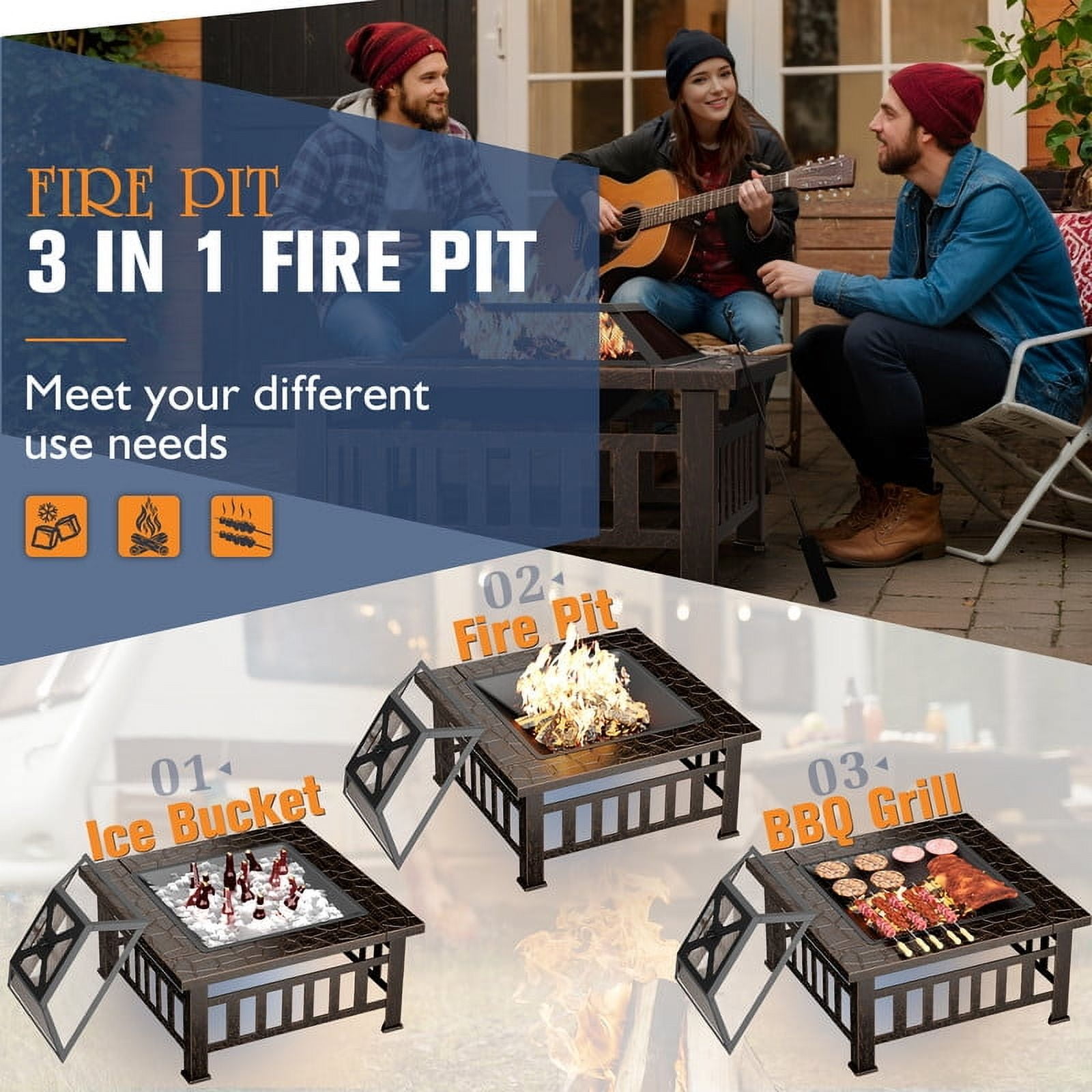 Devoko Outdoor 32" Square Metal Fire Pit with Cover and Poker, Brown