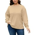 thumbnail image 3 of FlorCurve Plus Size Sweatshirts for Women Crew Neck Long Sleeve Pullover Sweatshirts Fleece Side Split Oversized Blouse, Khaki XL, 3 of 9