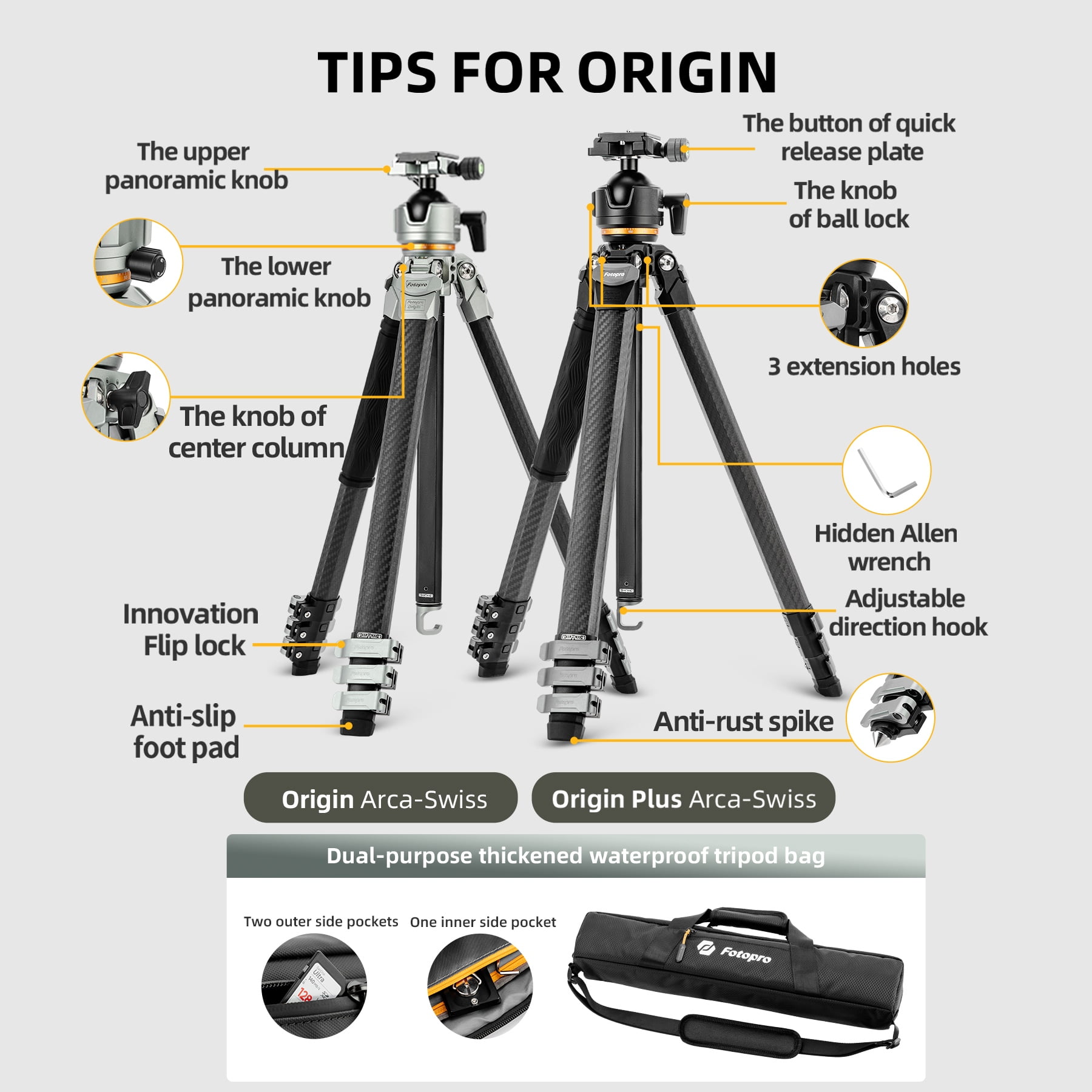 Fotopro Origin Plus Tripod, 60" Carbon Fiber Travel Tripod for Camera, Ball Head, Flip Lock, Carrying Bag, Max Load 20kg/44 lbs, Silver