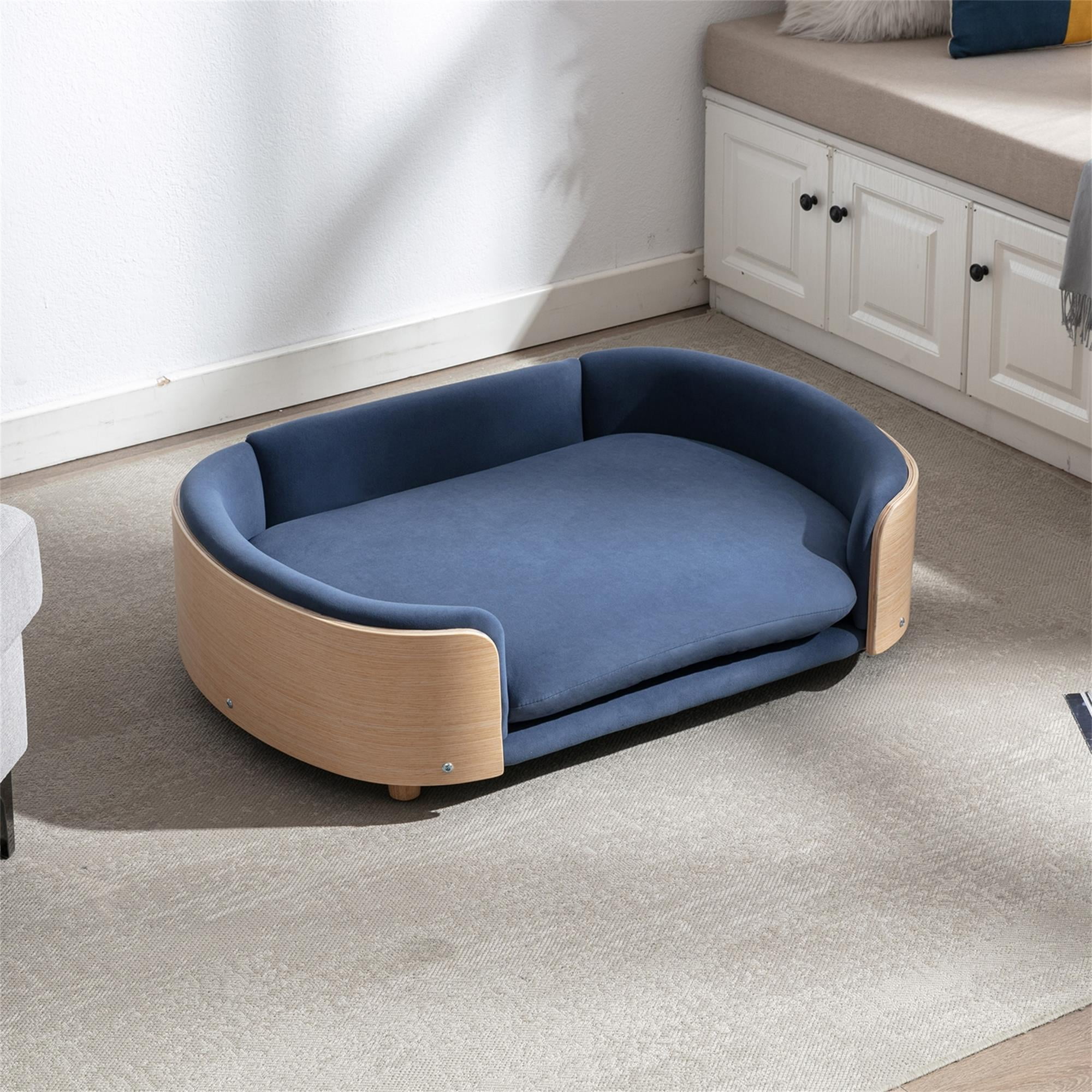 Pefilos 38" Elevated Dog Bed Pet Sofa with Solid Wood Legs and Bent Back, Cat Sofa Bed Velvet Cushion Couch Furniture, Blue Pefilos 38" Elevated Dog Bed Pet Sofa with Solid Wood Legs and Bent Back, Cat Sofa Bed Velvet Cushion Couch Furniture, Blue