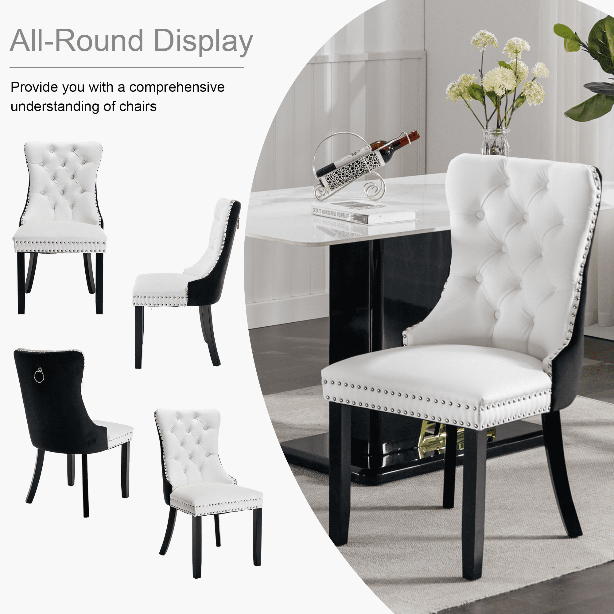 PU Dining Chairs, Accent Diner Chairs with Nailhead Trim and Back Ring Pull, PU and Velvet Fabric Dining Room Chairs, Side Chair Kitchen Chairs with High-end PU Back and Padded (Set of 2)