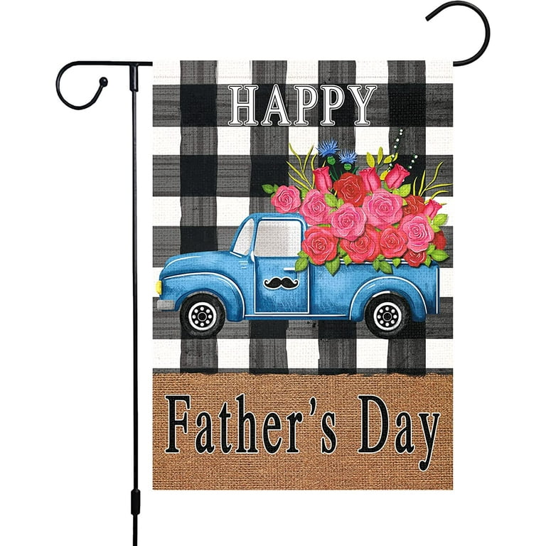 Fupoqi Maelys Happy Father's Day Garden Flag 12x18 Double Sided Burlap  Buffalo Check Plaid Truck Rose Floral Garden Flags Banners Vertical for  Daddy Papa Grandpa Father's Day Ou 