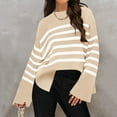 thumbnail image 2 of Odeerbi Fall Winter Striped Cotton Sweater For Women 2025 Long Sleeve Crew Neck Side Slit Oversized Pullover Sweater Khaki, 2 of 7