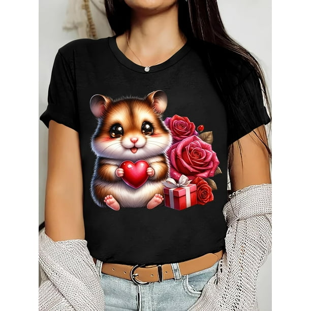 1pc Women'S Valentine'S Day Hamster Print T-Shirt, Polyester Knit Fabric, Casual Crew Neck Short Sleeve Top with Floral & Gift Design, All-Season Wear Tee For Adult, Men, Women, Teen, Teenager, Adole