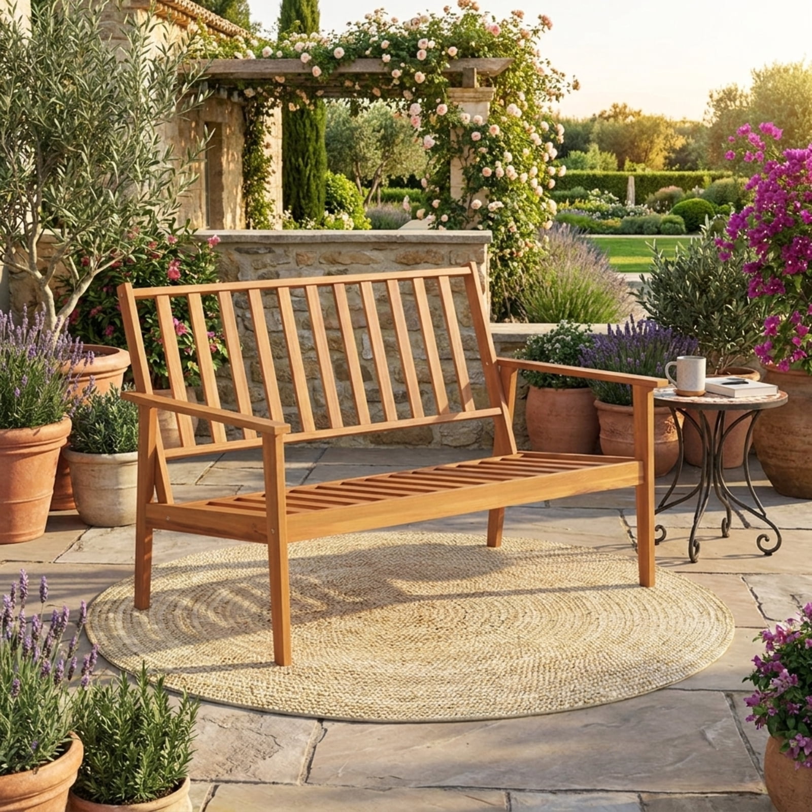 Biotree 4 Piece Outdoor Acacia Wood Conversation Set patio furniture set with soft cushions and coffee table for garden backyard and porch, White