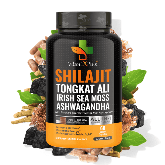VitaniX Plus Shilajit Capsules Organic Shilajit with Tongkat Ali, Ashwagandha, Irish Sea Moss, Energy & Hormonal Support, Gluten-Free 60 Count