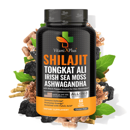 VitaniX Plus Shilajit Capsules Organic Shilajit with Tongkat Ali, Ashwagandha, Irish Sea Moss, Energy & Hormonal Support, Gluten-Free 60 Count