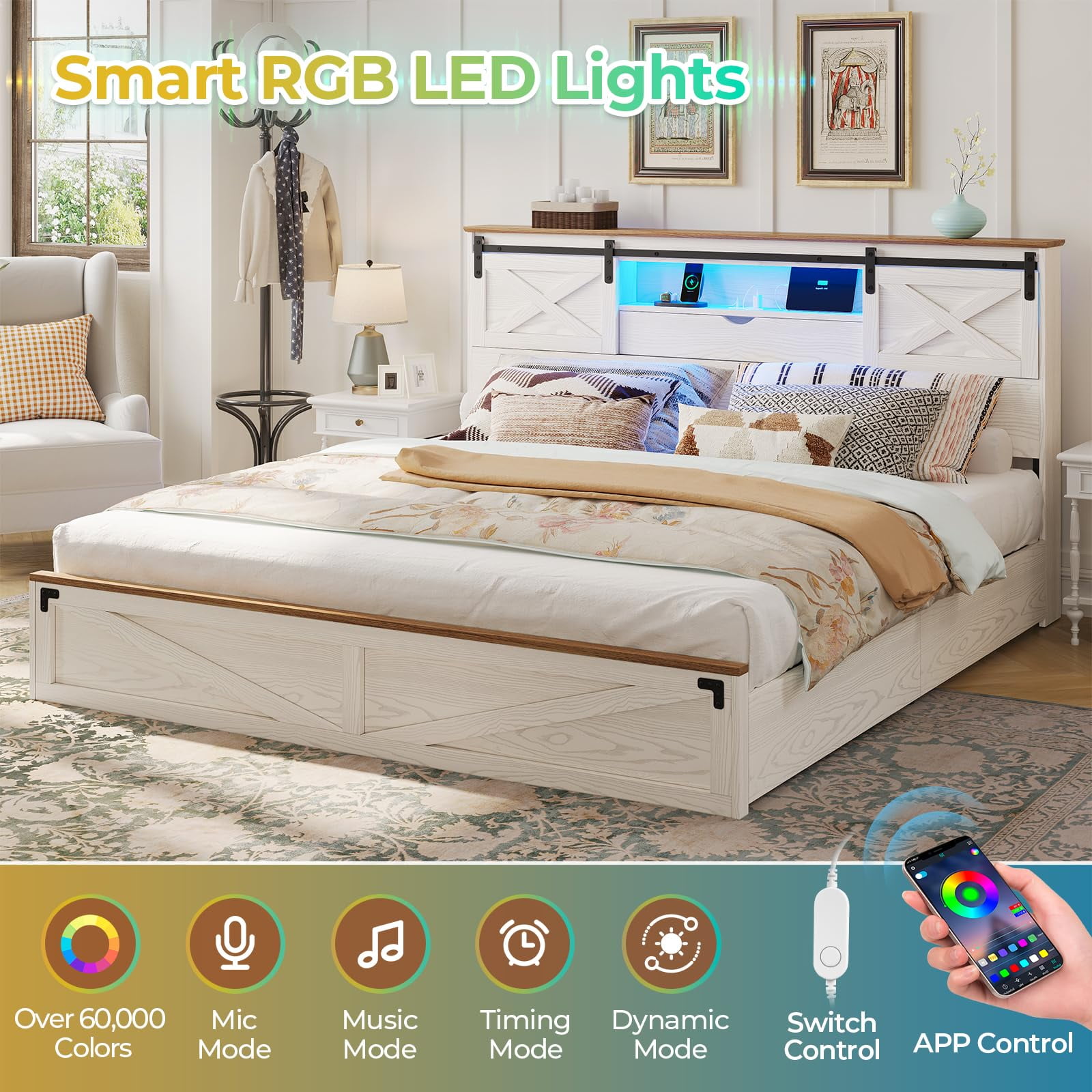 King Size Bed Frame with LED Lights and Charging Station, Farmhouse Storage Bed Frame with Headboard and Drawers, No Box Spring Needed, White