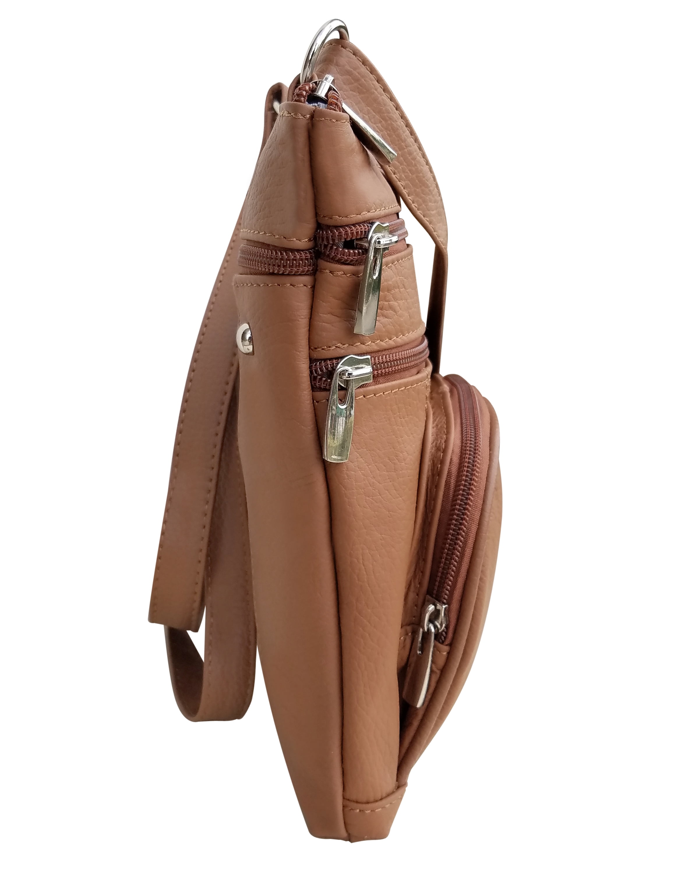 Roma Leathers Genuine Leather Multi-Pocket Crossbody Purse Bag (Light Brown)