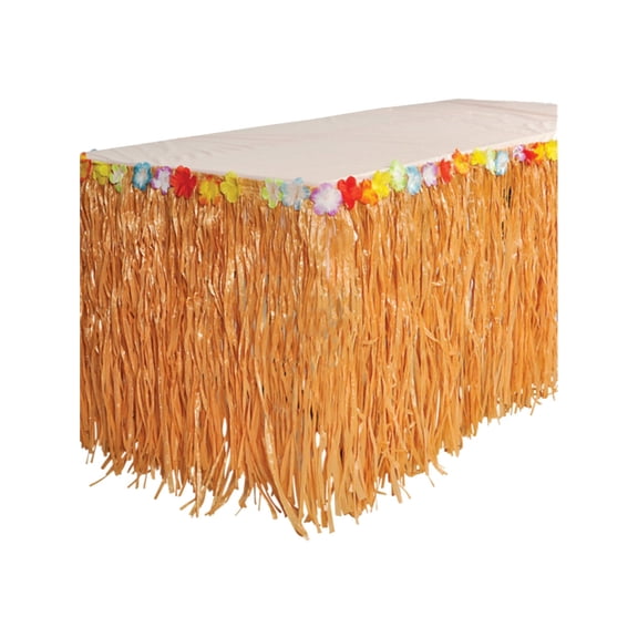 Rinco Luau Grass Table Skirt Decoration w Tropical Flowers, 9'x29"