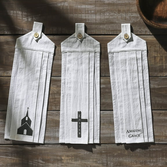 VHC Brands Cotton Risen Button Loop Kitchen Towel Set of 3, Hanging Kitchen Towel, Printed, Bath, Kitchen, Risen Collection, Rectangle 21x7, Church Cross Amazing Grace, Soft White